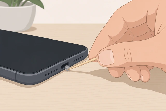 Illustration: flashlight on charging port while wood pick lifts lint; no metal tool