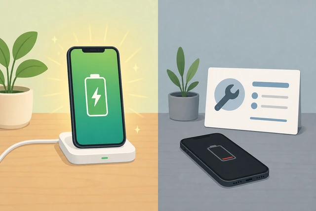 Illustration: three outcomes — charging success, bad cable tossed, or service appointment path