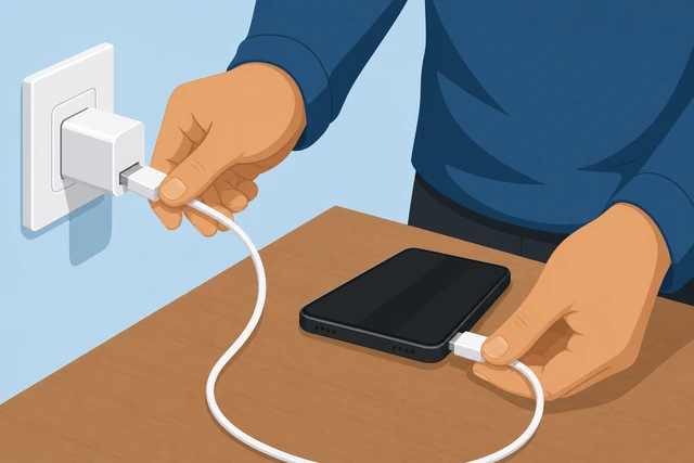 Illustration: hands seating USB cable firmly into wall brick and phone charging port