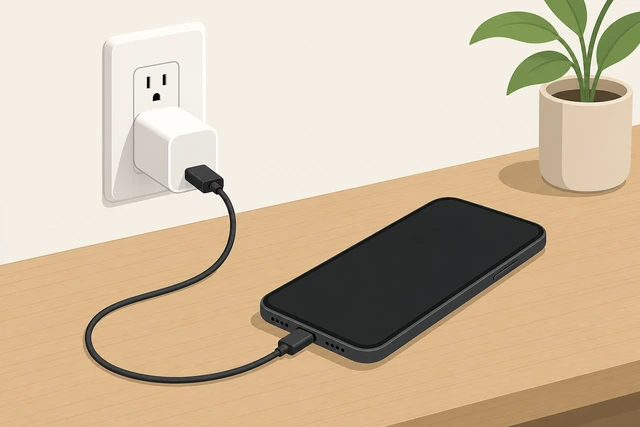 Illustration: phone lying face up on table connected to wall outlet charger