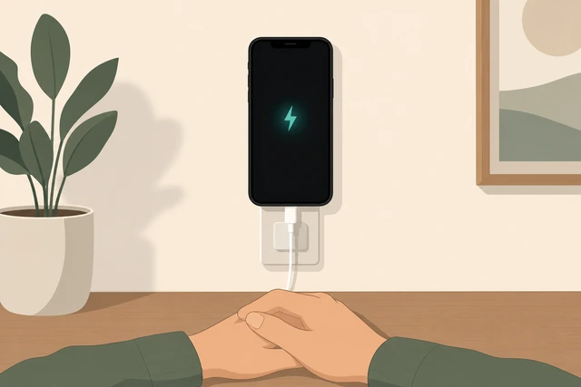 Illustration: dead phone on charger with timer; faint battery icon may or may not appear yet