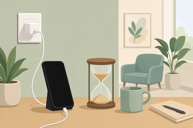 Illustration: phone still on wall charger with 30–60 minute wait marker; patience emphasized