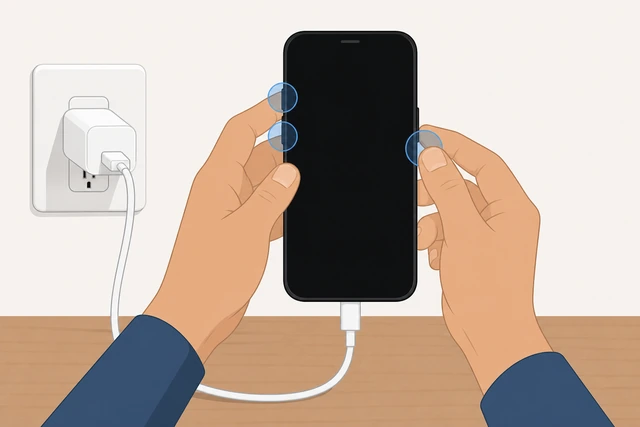 Illustration: force-restart button sequence on iPhone and Android while cable stays plugged in