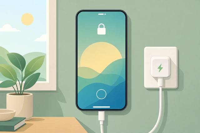 Illustration: phone booted to lock screen while still on wall charger showing rising battery percent