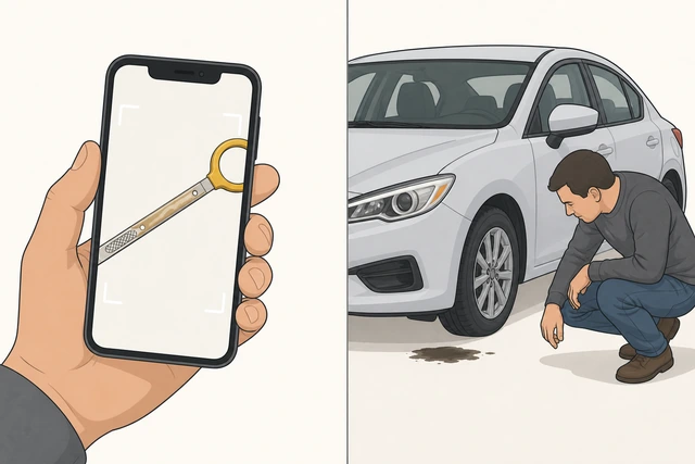 Illustration: photographing milky discolored oil on dipstick while checking under car for fresh leaks