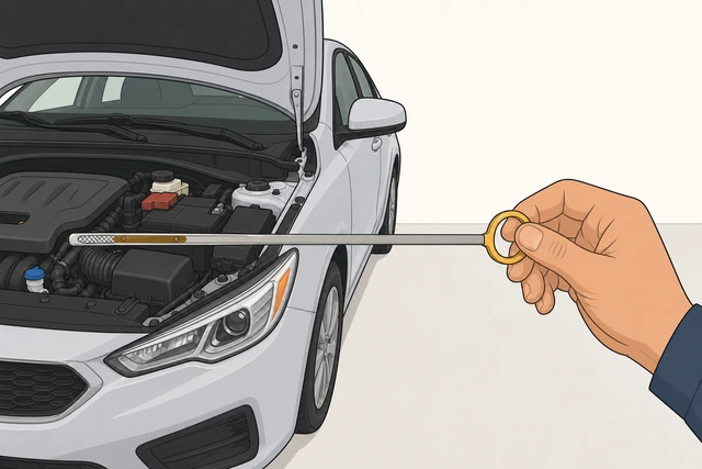 Illustration: car parked level with hand calmly reconfirming dipstick reading after suspected overfill