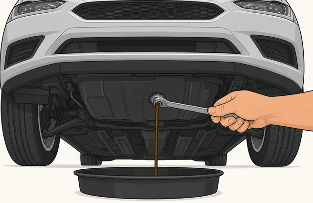 Illustration: draining excess oil from oil-pan plug into a catch pan to bring overfilled level back to mid-range