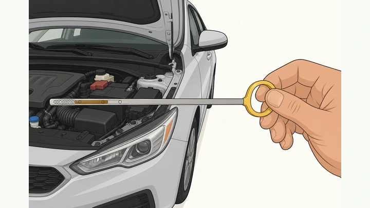 Illustration: hand holding a car dipstick level to read the oil film against MIN and MAX marks