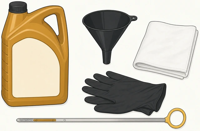 Illustration: oil bottle with viscosity label, funnel, clean rag, and gloves laid out next to a car dipstick