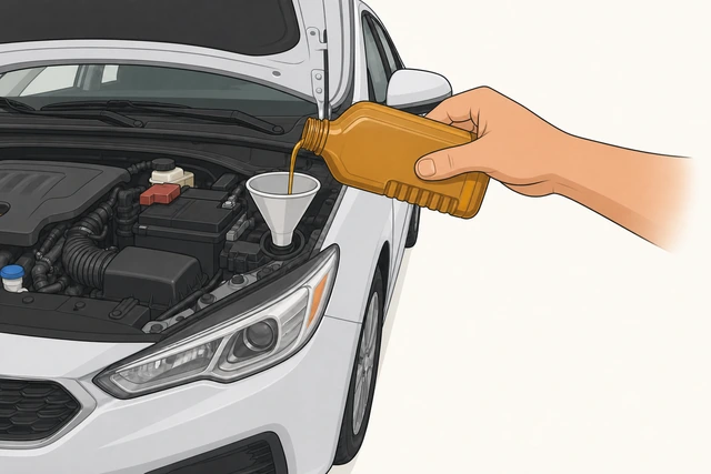 Illustration: small measured pour of oil through funnel into filler neck stopping partway through bottle