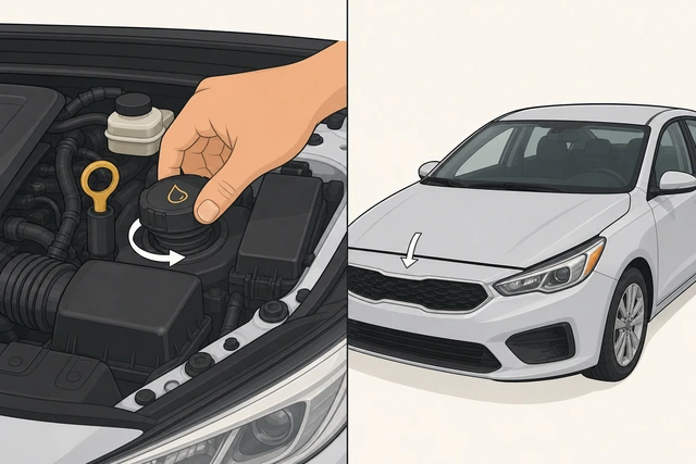 Illustration: hand tightening oil filler cap with dipstick seated and hood closing over clean engine bay