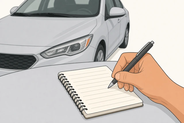 Illustration: notebook recording mileage and oil level next to car as a recheck habit