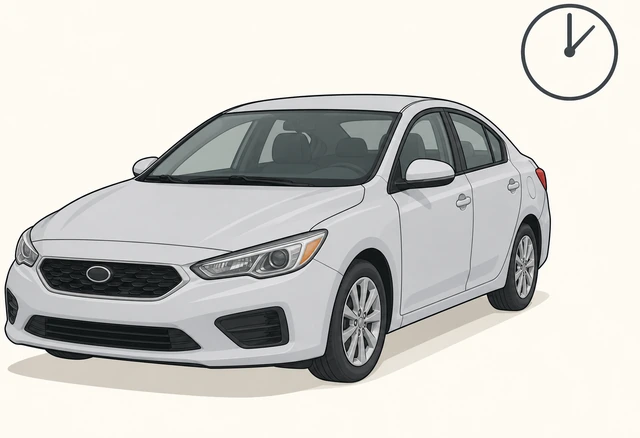 Illustration: clock showing a fifteen minute wait next to a parked car with engine cooling