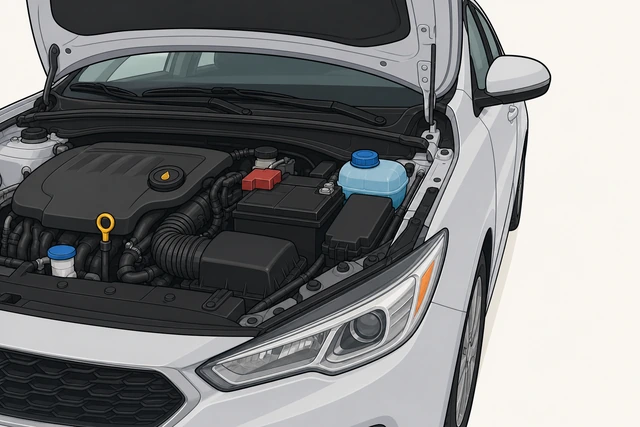 Illustration: open engine bay with dipstick loop handle and oil filler cap labeled apart from coolant reservoir