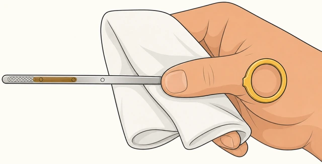 Illustration: hand wiping oil off a dipstick with a clean rag showing MIN and MAX marks