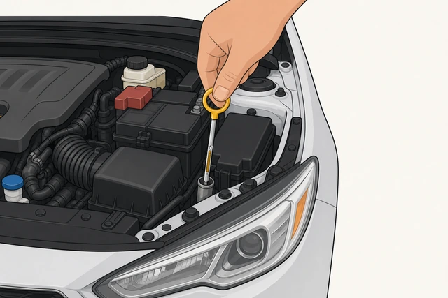Illustration: dipstick fully reinserted and seated into its tube in the engine bay