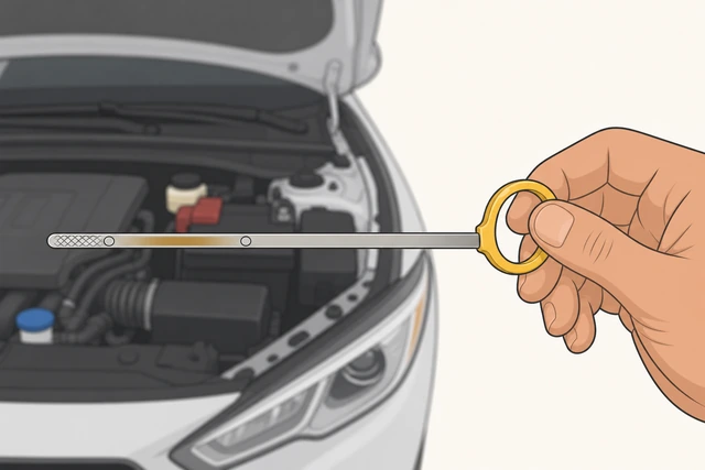 Illustration: hand holding dipstick perfectly level while reading oil film against MIN and MAX marks