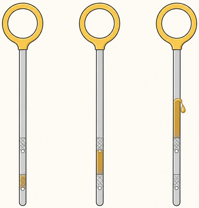 Illustration: decision point comparing dipstick reading to MIN and MAX marks before choosing next step