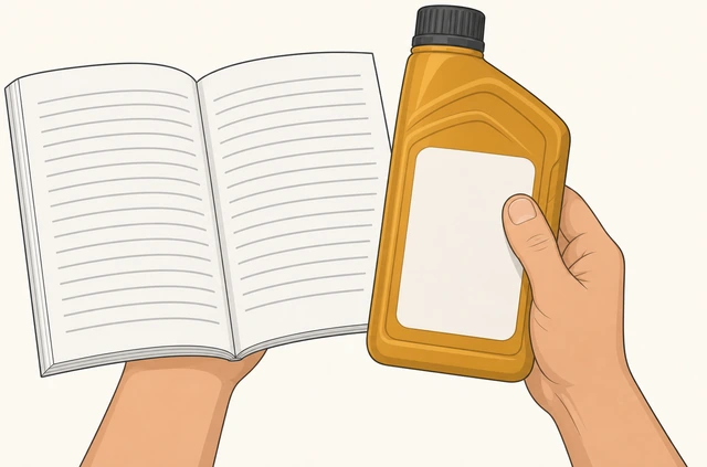 Illustration: oil bottle label held next to owner's manual page showing matching viscosity and spec code