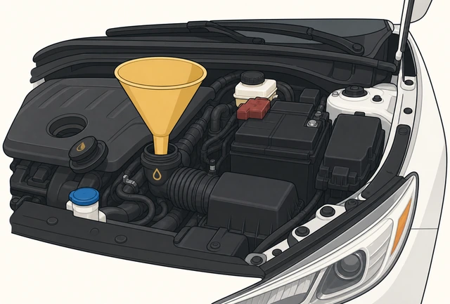 Illustration: funnel seated firmly into oil filler neck with cap removed and set aside