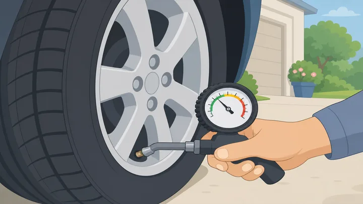 Illustration: tire gauge pressed on car valve stem