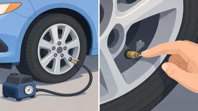 Air hose adding air to a car tire at a valve stem