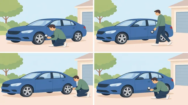 Person checking tire pressure on the remaining tires of a car