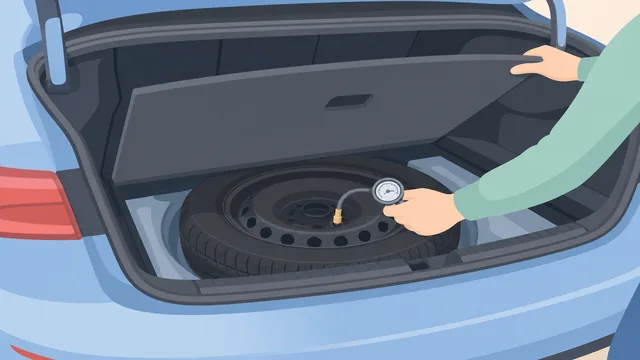 Spare tire under a trunk floor being checked with a pressure gauge