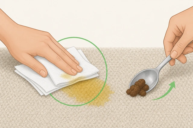 Paper towels blotting wet pet stain on carpet