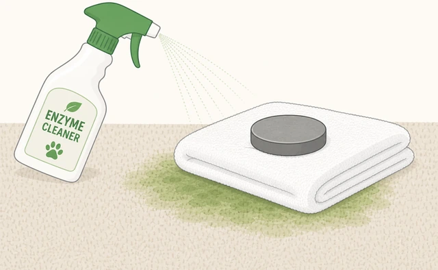Enzyme spray saturating carpet spot under weighted towel