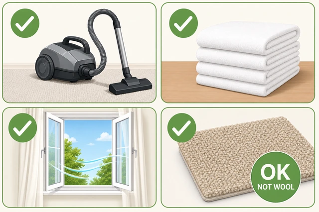 Illustration: vacuum towels open window and synthetic carpet checks all green