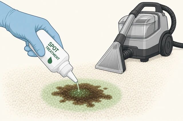 Spot cleaner applied to coffee stain on carpet