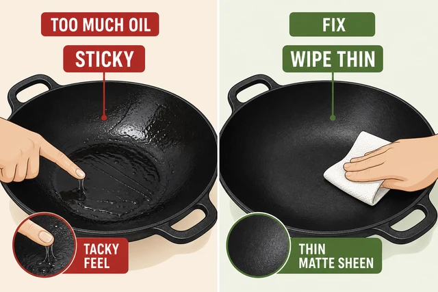 Illustration: sticky wok surface vs paper towel wiping to thin sheen