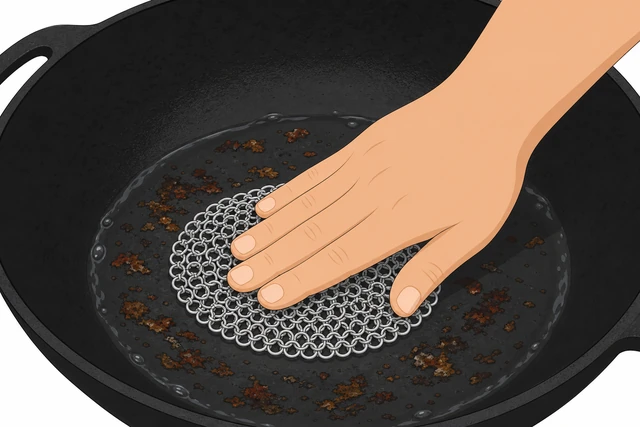 Illustration: hand pressing chainmail scrubber on stuck food inside wok