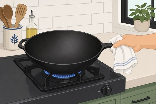 Illustration: wok on low gas flame after towel drying