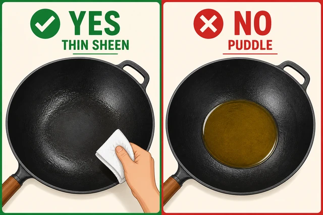 Illustration: YES thin oil sheen vs NO puddle of oil in wok