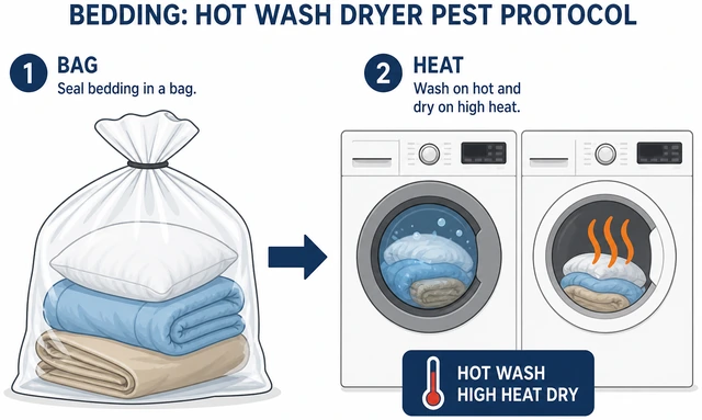 Illustration: bagging bedding for hot wash dryer when bed bugs suspected