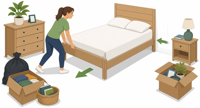 Illustration: decluttering bedroom and pulling bed from wall for pest treatment