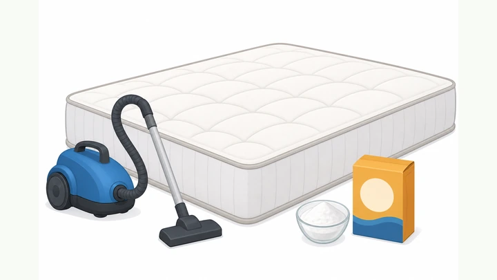 Illustration: clean bare mattress with vacuum and baking soda nearby