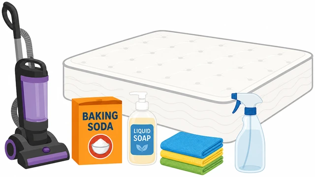 Illustration: vacuum baking soda mild soap cloths spray bottle beside bare mattress