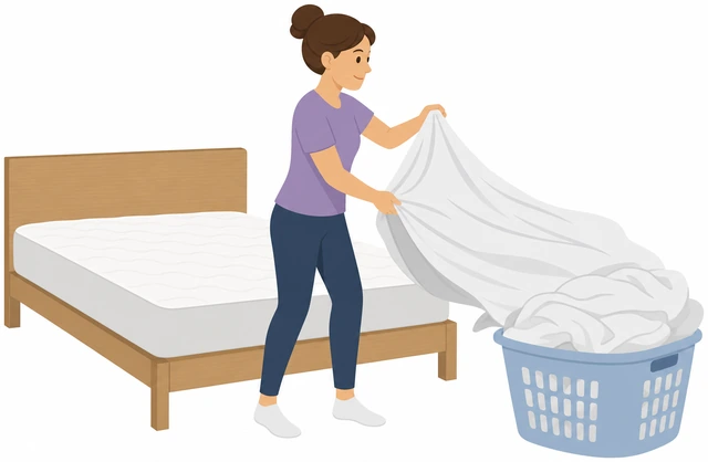 Illustration: stripping sheets off mattress into laundry basket