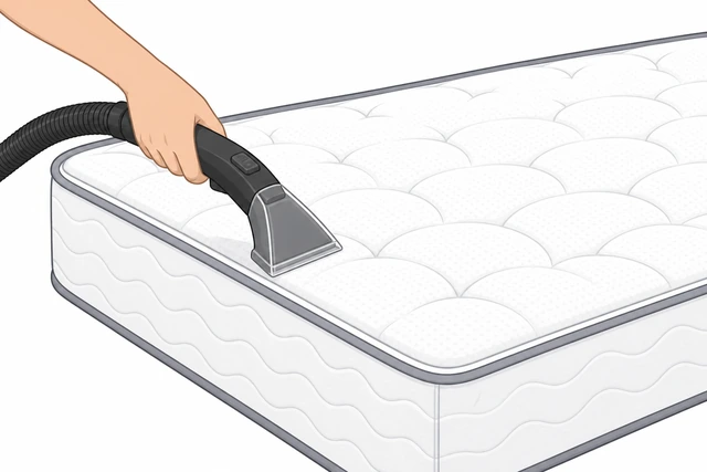 Illustration: vacuuming mattress surface and seams with upholstery tool