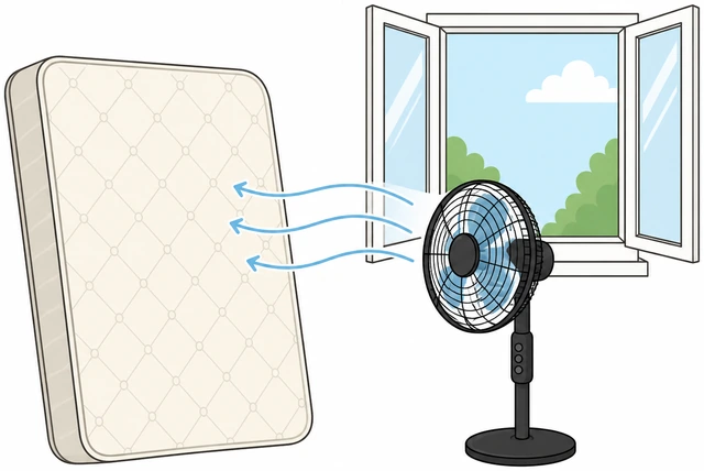 Illustration: fan drying bare mattress near open window