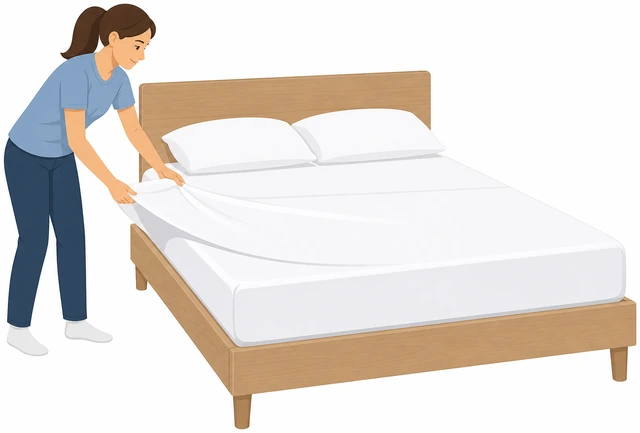 Illustration: remaking bed with clean sheets and mattress protector