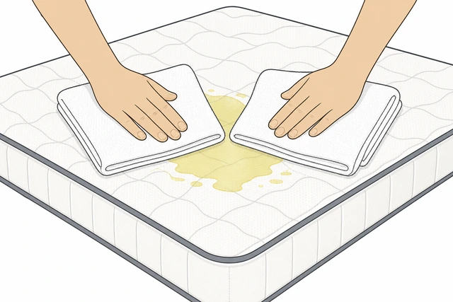 Illustration: blotting urine from mattress with towels pressing down