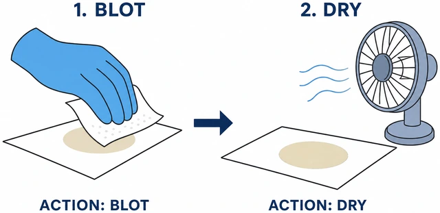 Illustration: blotting enzyme-treated urine spot then fan drying