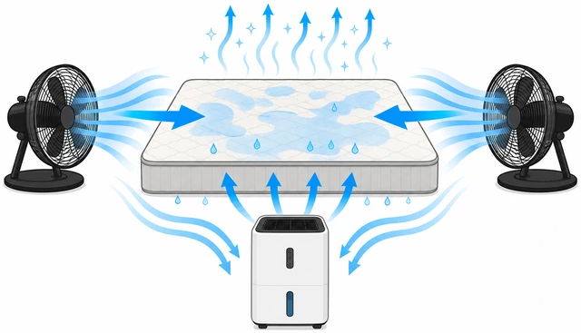 Illustration: two fans and dehumidifier drying a damp mattress