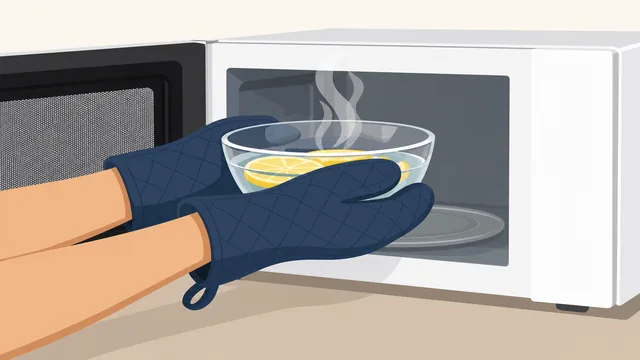 Oven mitt lifting hot bowl from microwave