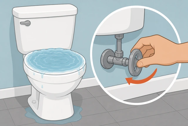 Illustration: hand reaching into the open toilet tank to push the flapper down, stopping rising water
