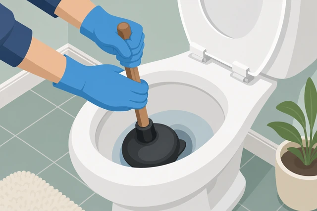 Illustration: flange plunger being used with firm even strokes in a toilet bowl with enough water to seal it